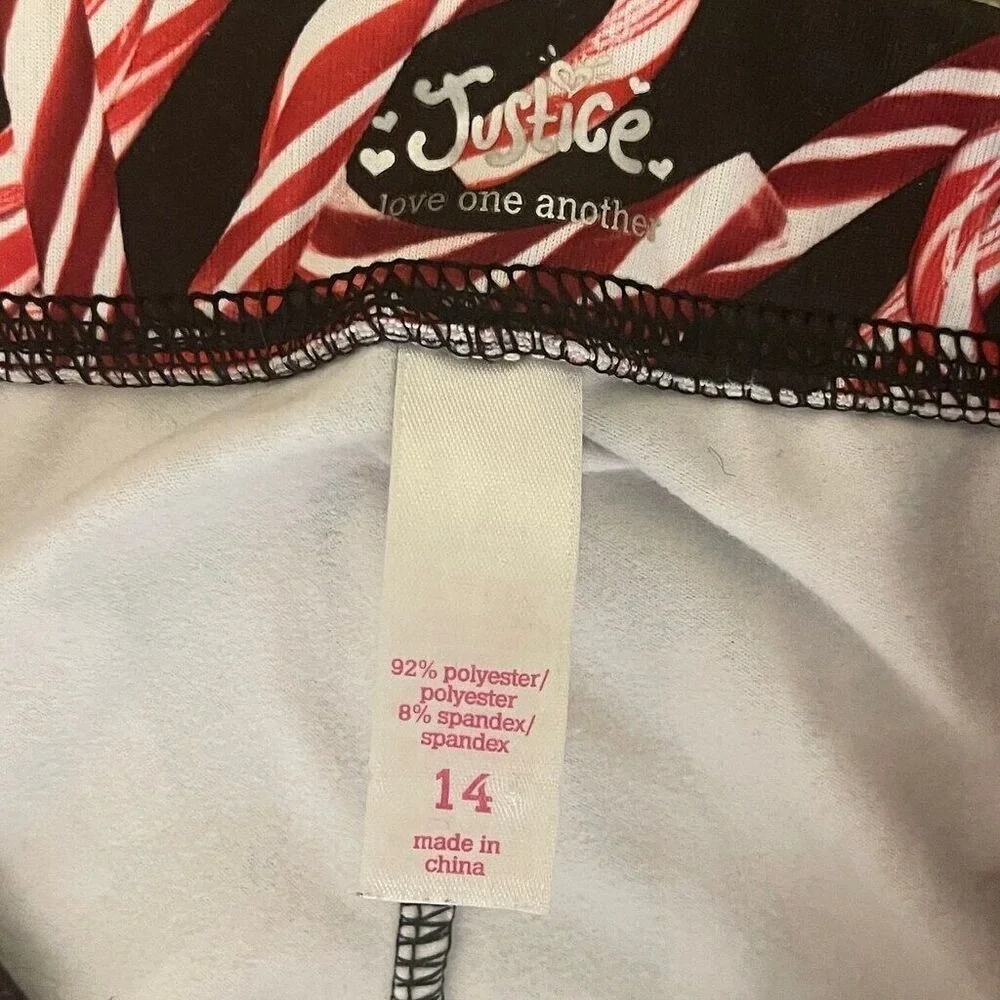 Justice Girls Candy Cane Christmas‎ Holiday Leggings Red Black Size 14